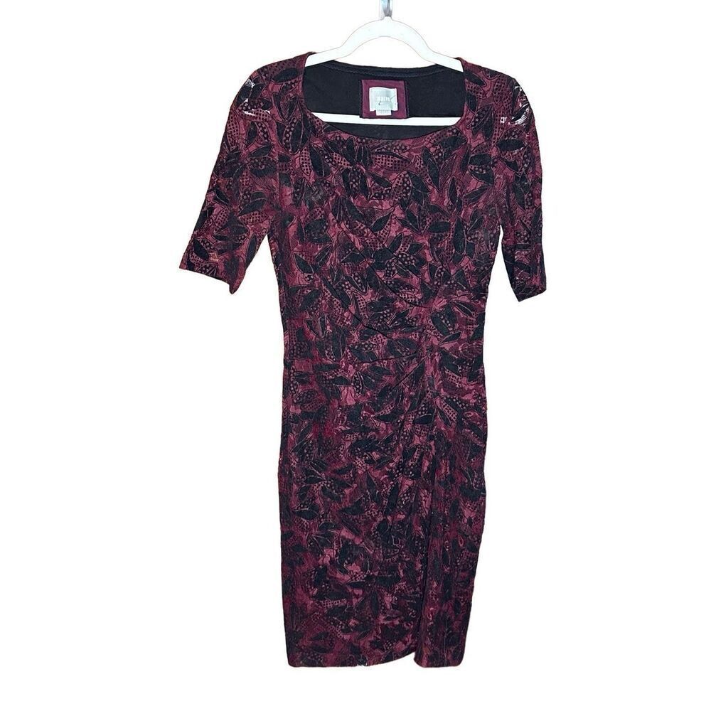 Anthropologie‎ Maeve Elorn Lace Dress Black Burgundy Fitted Ruched Sz 6